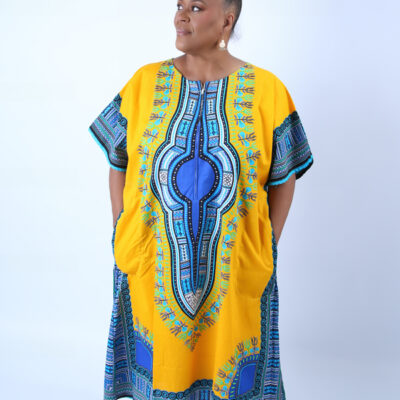 Stylish Yellow Dashiki Trendy Zip Dress 100% Cotton