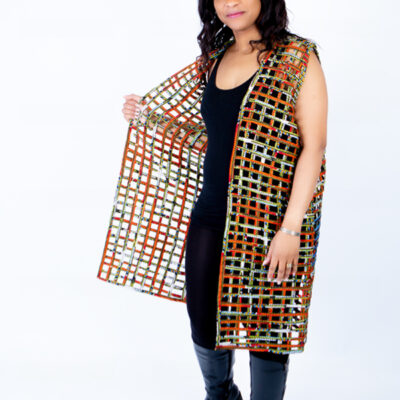 Mari Orange & Green Mix Ankara Weaved Sleeveless Kimono