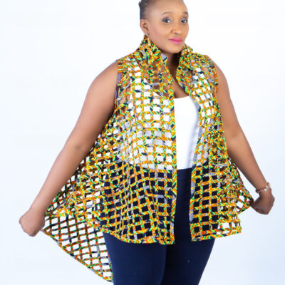 Berta Yellow Woven Asymmetrical Collared Sleeveless Kimono