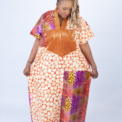 Adire Aso Oke blend Kaftan in Vibrant Pink Multi Print