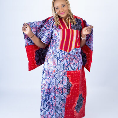 Adire Aso Oke blend Kaftan in Red Vibrant Print
