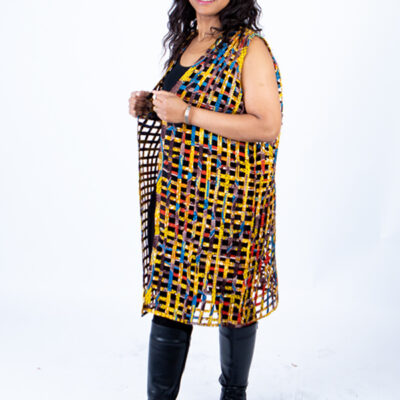 Mari Multi-colour Ankara Weaved Midi Sleeveless Kimono