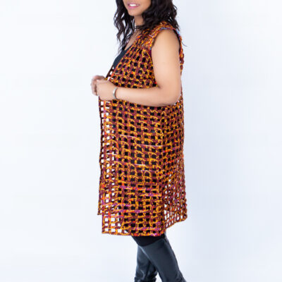 Mari Burnt Orange Ankara Weaved Midi Sleeveless Kimono