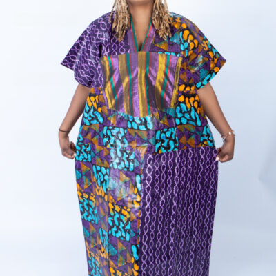 Adire Aso Oke blend Kaftan in Purple Vibrant Print