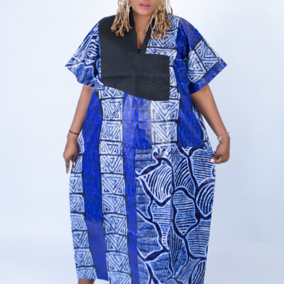 Adire Aso Oke blend Kaftan in Blue Vibrant Print