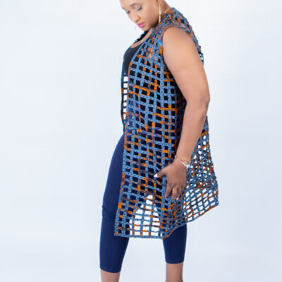 Mari Orange & Blue Mix Ankara Weaved Sleeveless Kimono