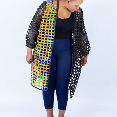 Sue Black Split Kente Weaved Mid Puff Sleeve Throw