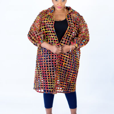 Red Multi Sue Ankara Weaved Mid Puff Sleeve Overthrow