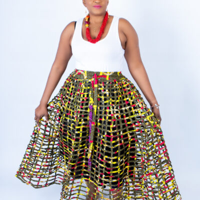 Mita Weaved Stylish African Khaki Mix Ankara Print Skirt