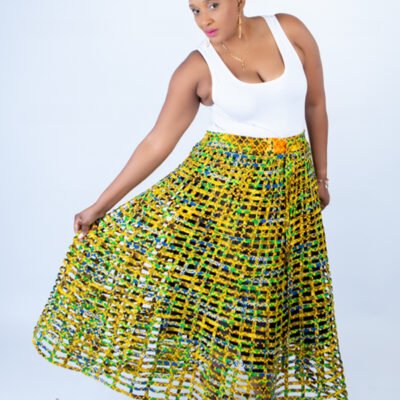 Mita Weaved Green Stylish African Mix Ankara Print Skirt