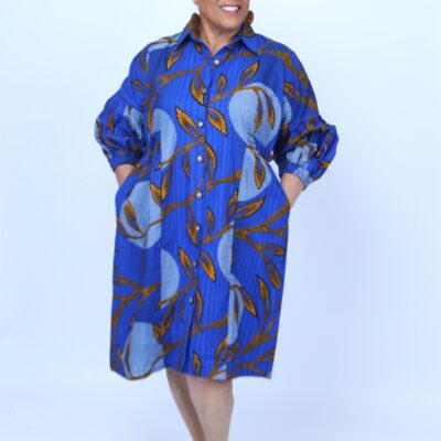 Makeba Ankara African Print Shirt Style Mini Dress With Balloon Sleeves