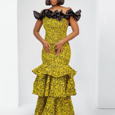Ankara Maxi Ruffle Shoulder Dress - Malia