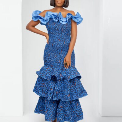 Ankara Maxi Ruffle Shoulder Dress In Blue - Malia