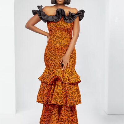 Ankara Maxi Ruffle Shoulder Dress In Orange - Malia