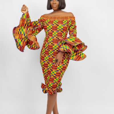 Ankara Off-Shoulder Body-con Ruffle Dress - Asa
