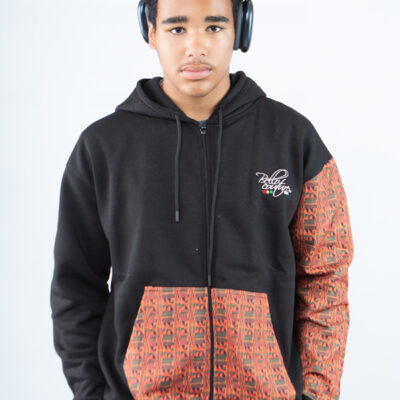 Unisex Afro-Fusion Zip Hoodie with Printed Panel Accents BLACK
