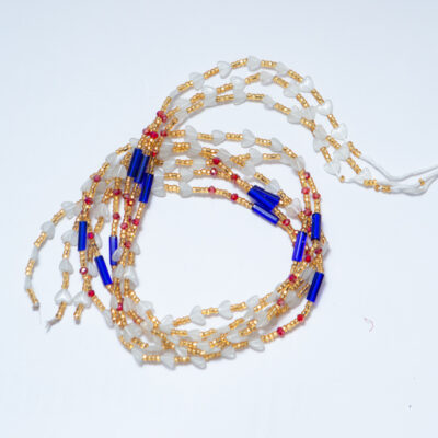 White, Blue, Red and Gold Waist Beads with Thread Ties