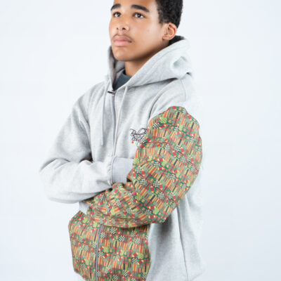 Unisex Afro-Fusion Zip Hoodie with Printed Panel Accents GREY