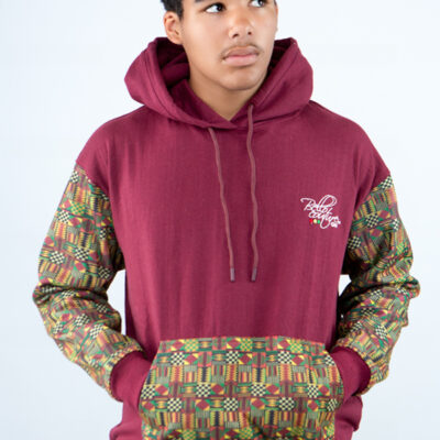 Unisex Afro-Fusion Hoodie with Printed Panel Accents BURGANDY