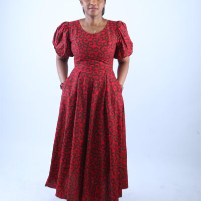 Elegant Red African Print Maxi Dress with Puff Sleeves - Ame