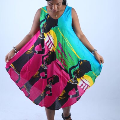 Multicolor Boho Sundress with Tribal Woman Print - Sapele