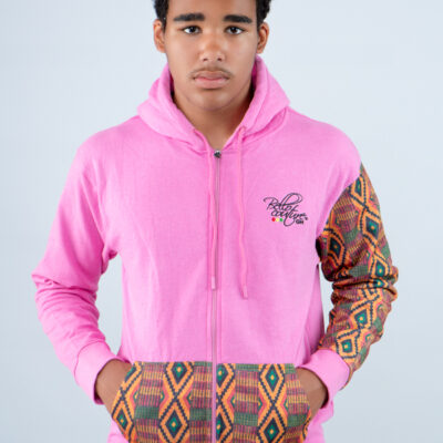 Unisex Afro-Fusion Zip Hoodie with Printed Panel Accents PINK