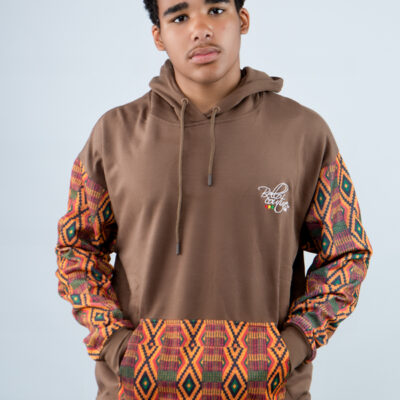 Unisex Afro-Fusion Hoodie with Printed Panel Accents BROWN