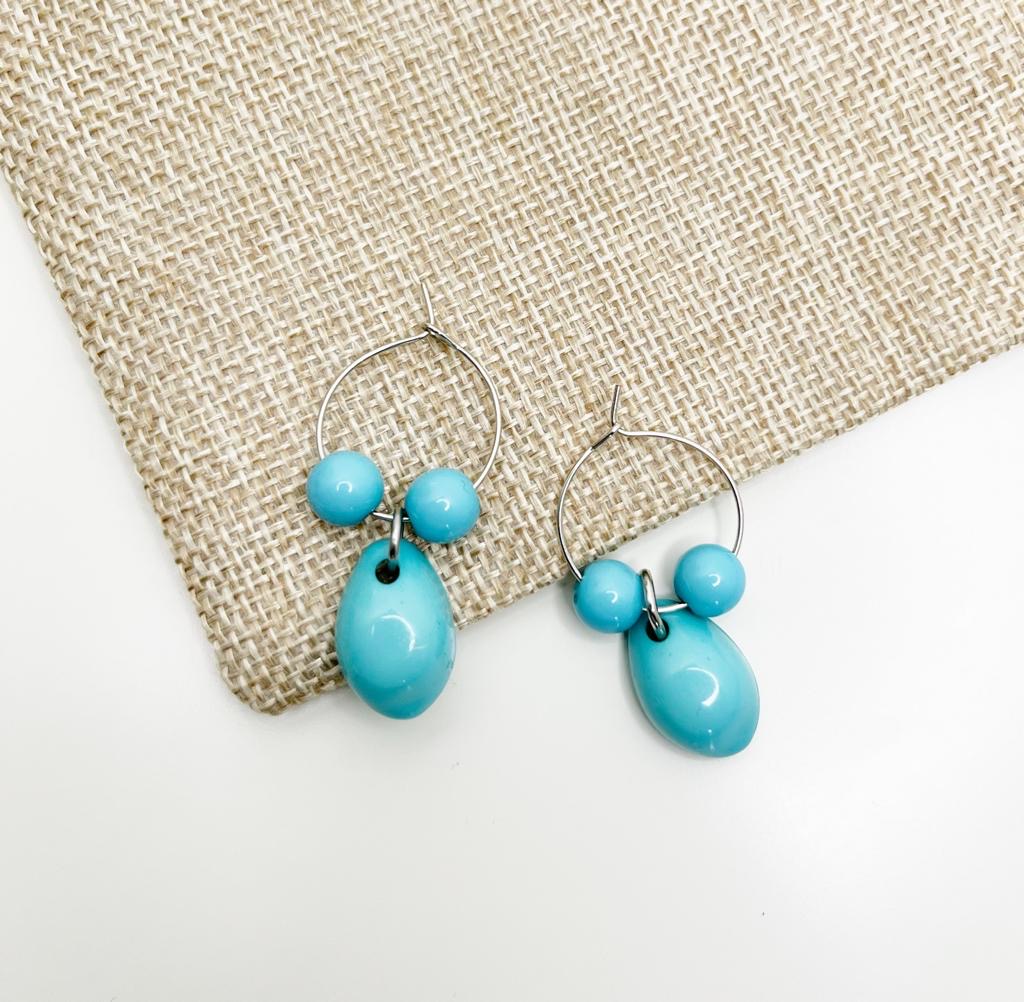 Bri Blue Cowrie Beads Dangle Drop Round Hoop Earrings