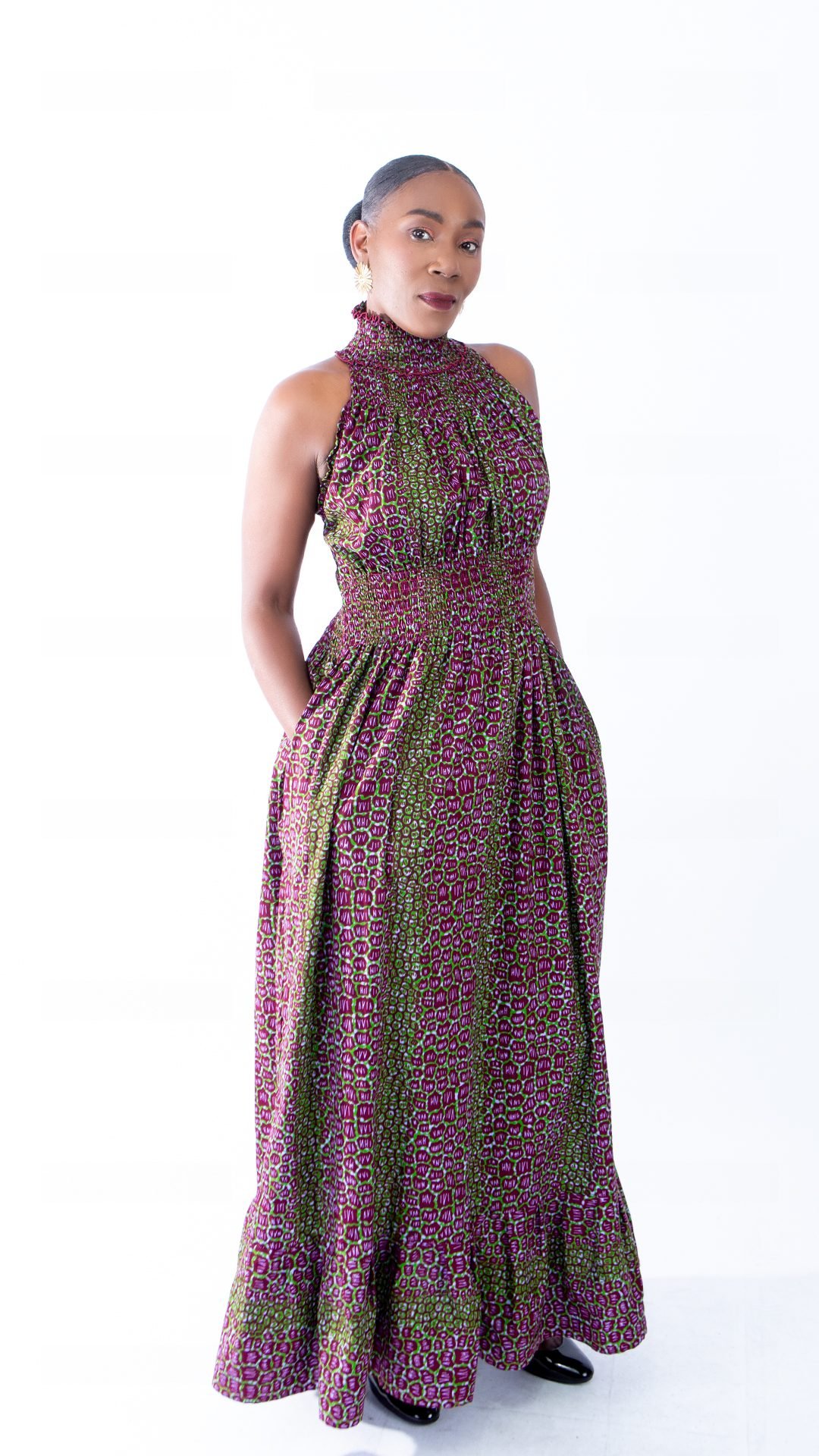Denise Stunning Purple and Green Blend Ankara Halter Maxi - Image 5