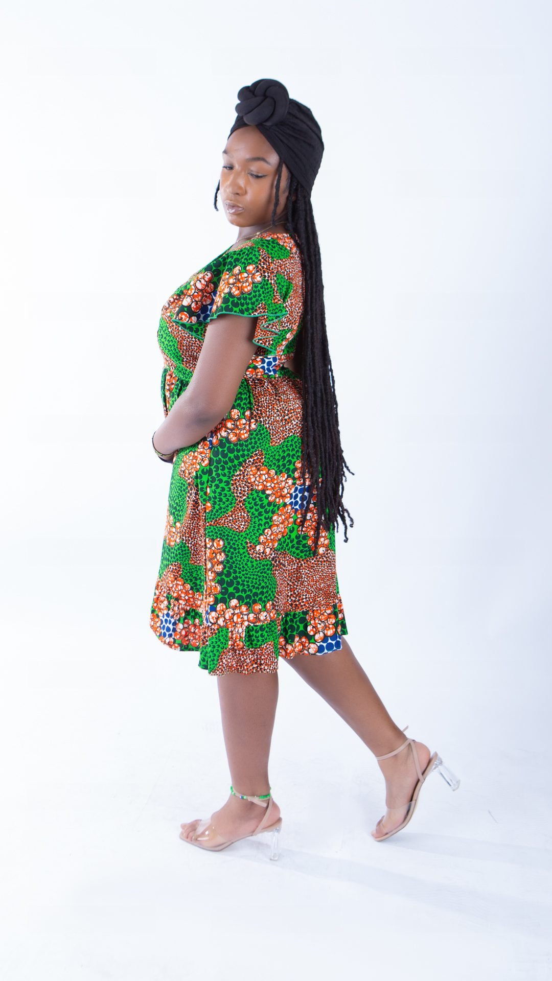 Sally Green V-neck Ankara Short Sleeve Wrap Style Dress - Image 3