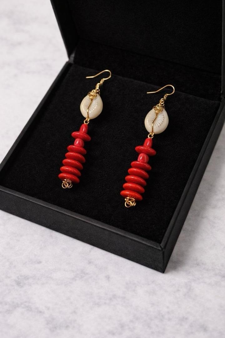 Handmade Red & Cowrie Shell Long Kenyan Beaded Earrings - Image 2