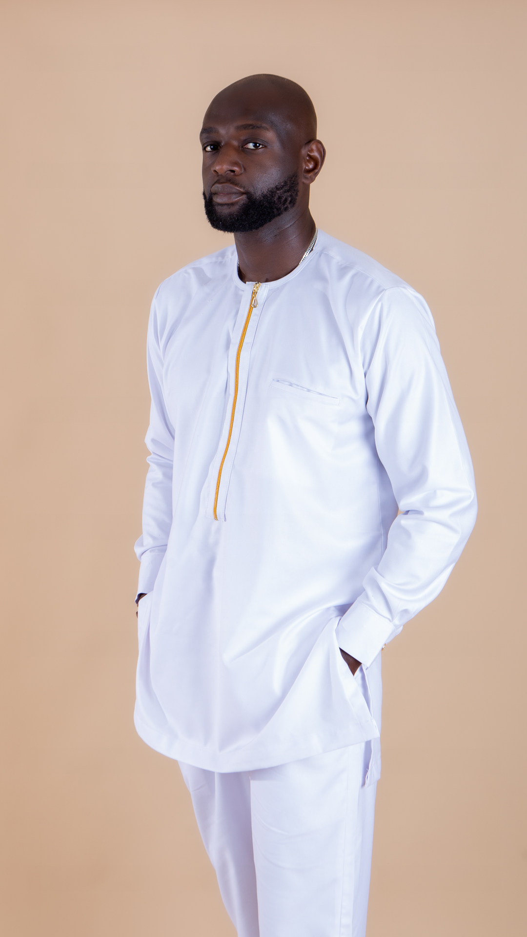 Alluring Sam Gold Zip White Traditional long Sleeve Suit - Image 5