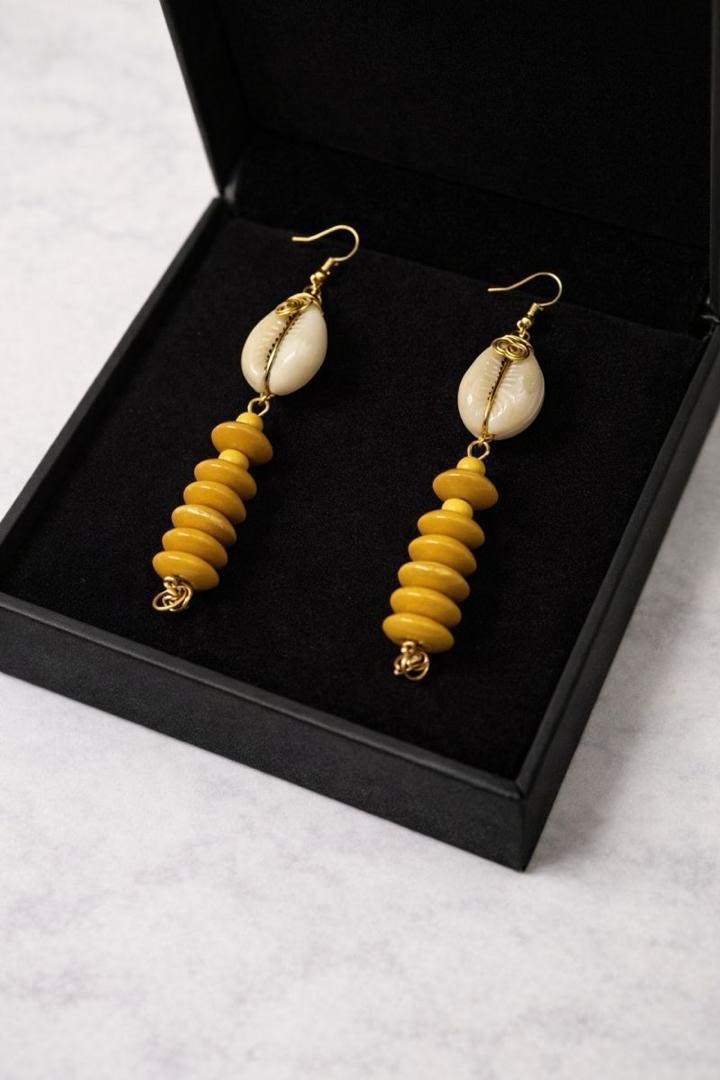 Handmade Mustard Yellow & Cowrie Shell Long Kenyan Beaded Earrings - Image 2