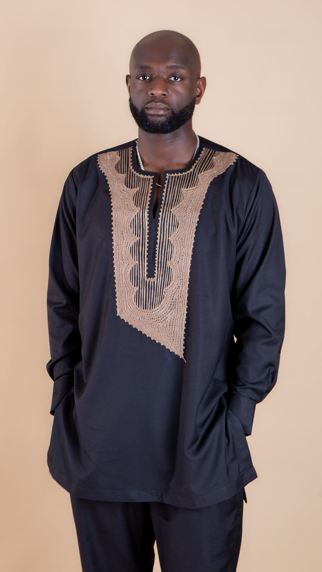 Beautiful Black Bronze Embroidery African Long Sleeve Suit - Image 5