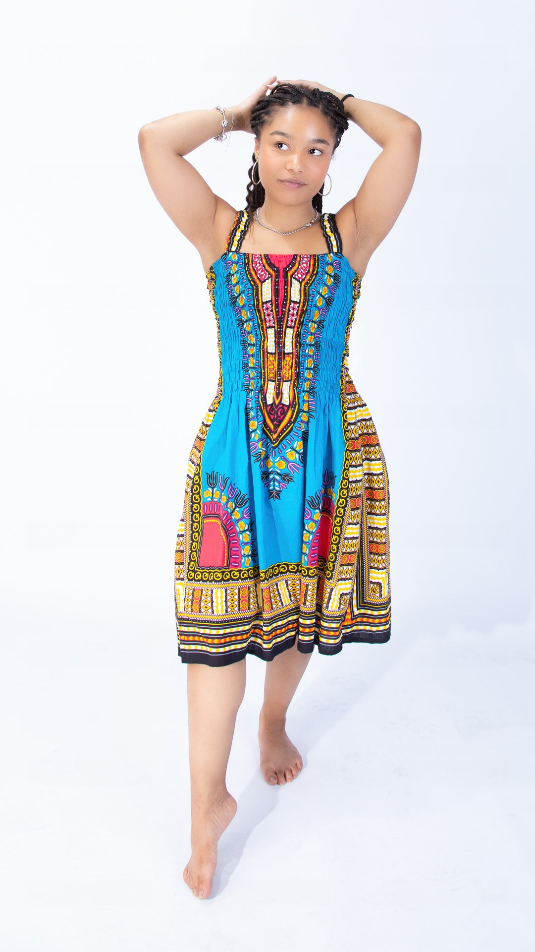Vibrant Sarah Strap Dashiki Swing Dress Blue