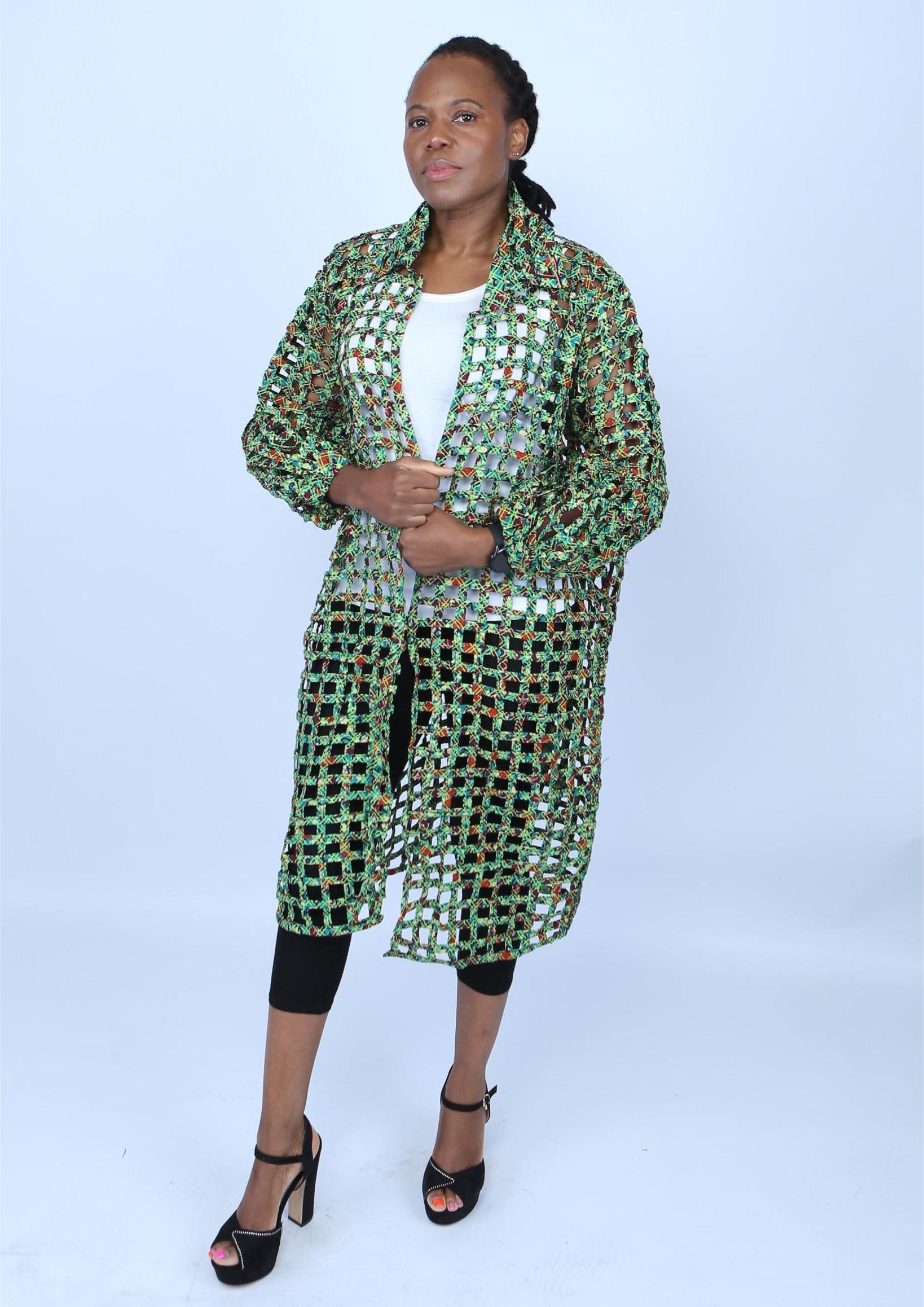 Green Ankara Weaved Puff-Sleeve Kimono - Himba
