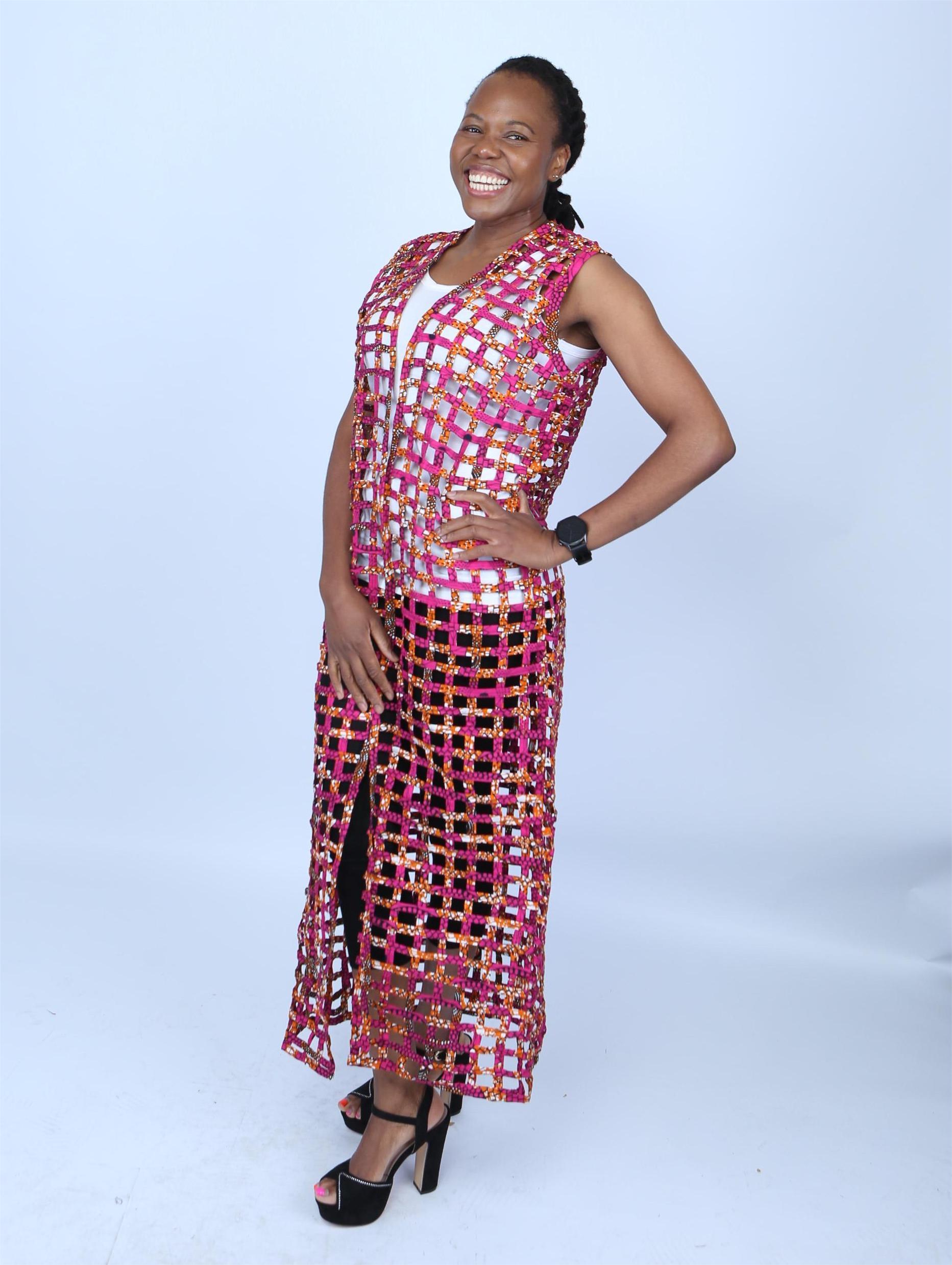 Pink and Yellow Ankara Weaved Maxi Sleeveless Kimono - Abim