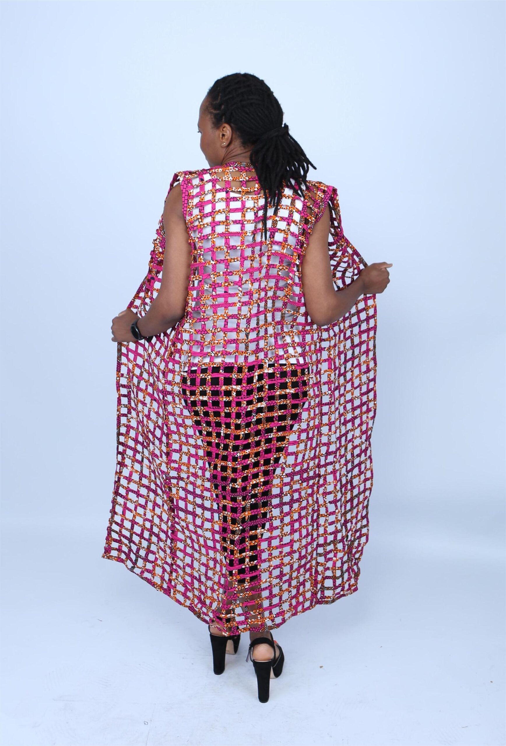 Pink and Yellow Ankara Weaved Maxi Sleeveless Kimono - Abim - Image 3