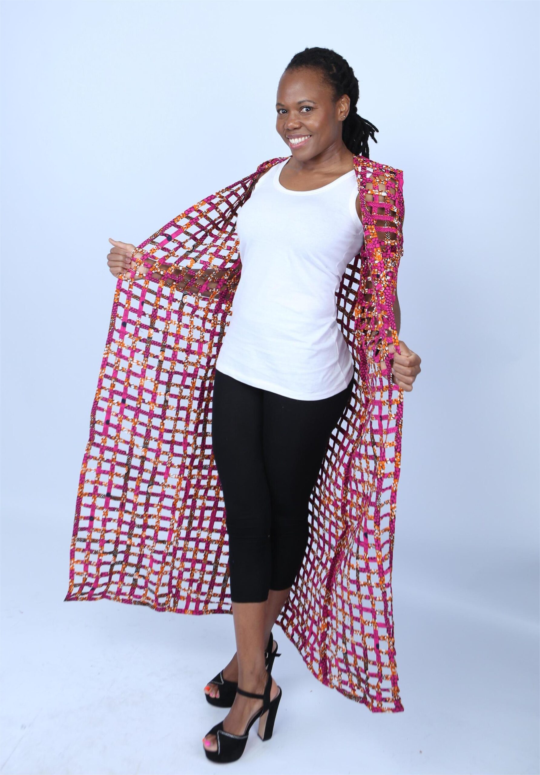 Pink and Yellow Ankara Weaved Maxi Sleeveless Kimono - Abim - Image 4
