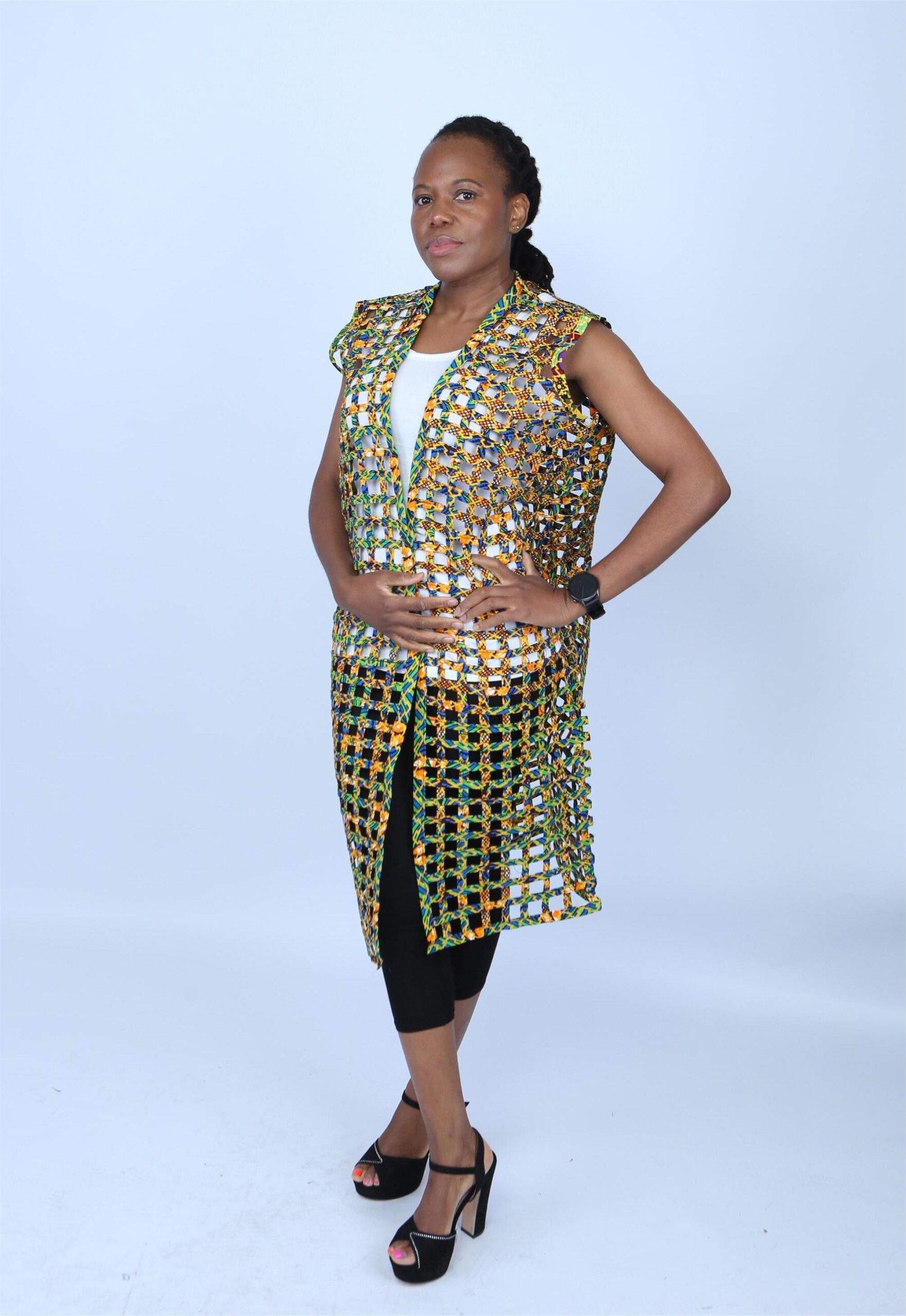 Multicoloured Ankara Weaved Sleeveless Kimono - Alika - Image 2