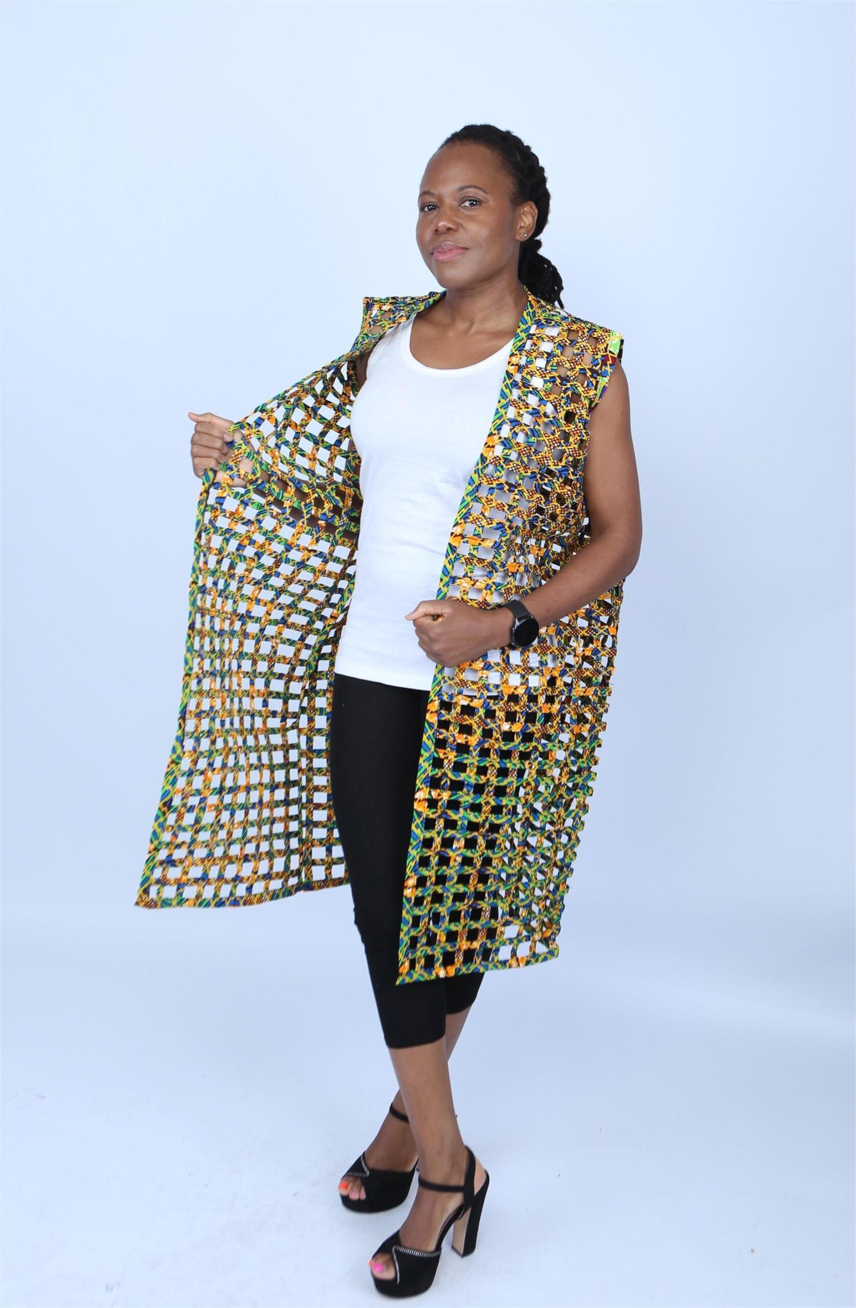 Multicoloured Ankara Weaved Sleeveless Kimono - Alika