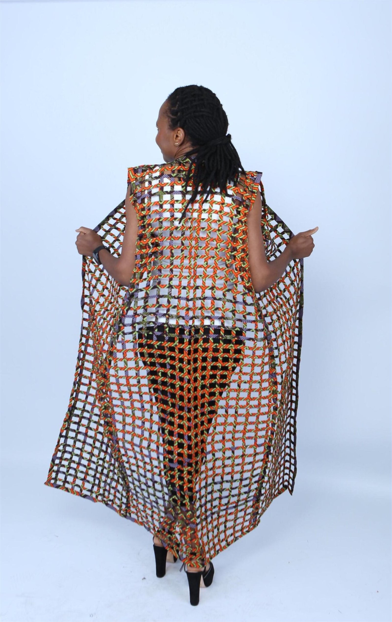 Multicoloured Ankara Weaved Maxi Sleeveless Kimono - Lina - Image 4
