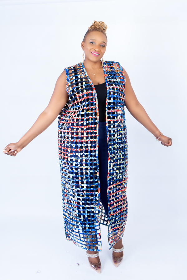 Blue Multi Ade Ankara Weaved Full Length Sleeveless Kimono