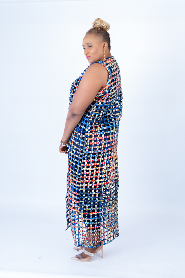 Blue Multi Ade Ankara Weaved Full Length Sleeveless Kimono - Image 4