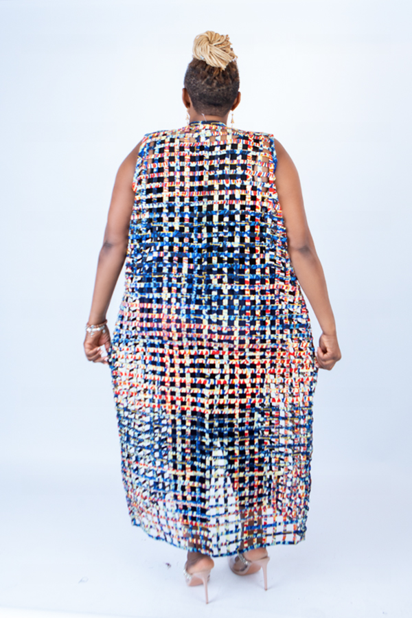 Blue Multi Ade Ankara Weaved Full Length Sleeveless Kimono - Image 5