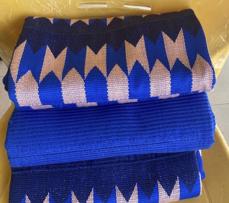 Dark Blue & Peach Authentic Handwoven Kente Cloth - Image 2