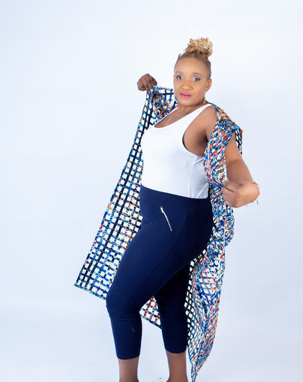 Blue Multi Ade Ankara Weaved Full Length Sleeveless Kimono - Image 6