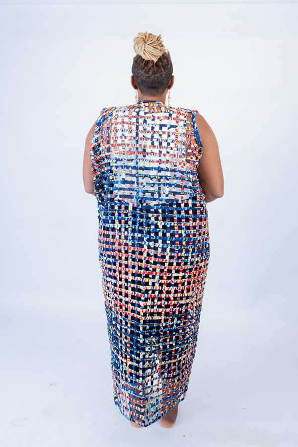 Blue Multi Ade Ankara Weaved Full Length Sleeveless Kimono - Image 9