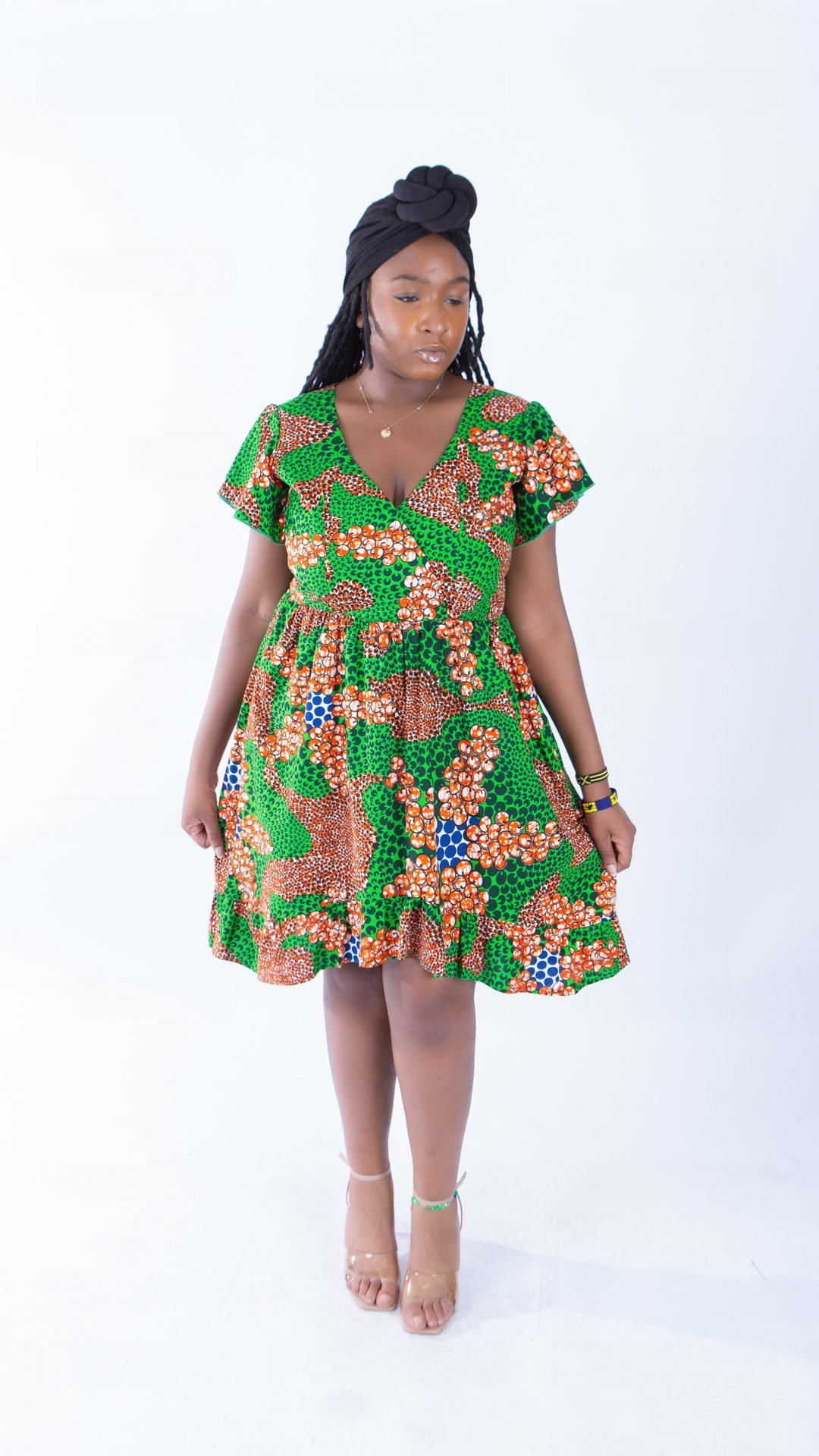 Sally Green V-neck Ankara Short Sleeve Wrap Style Dress