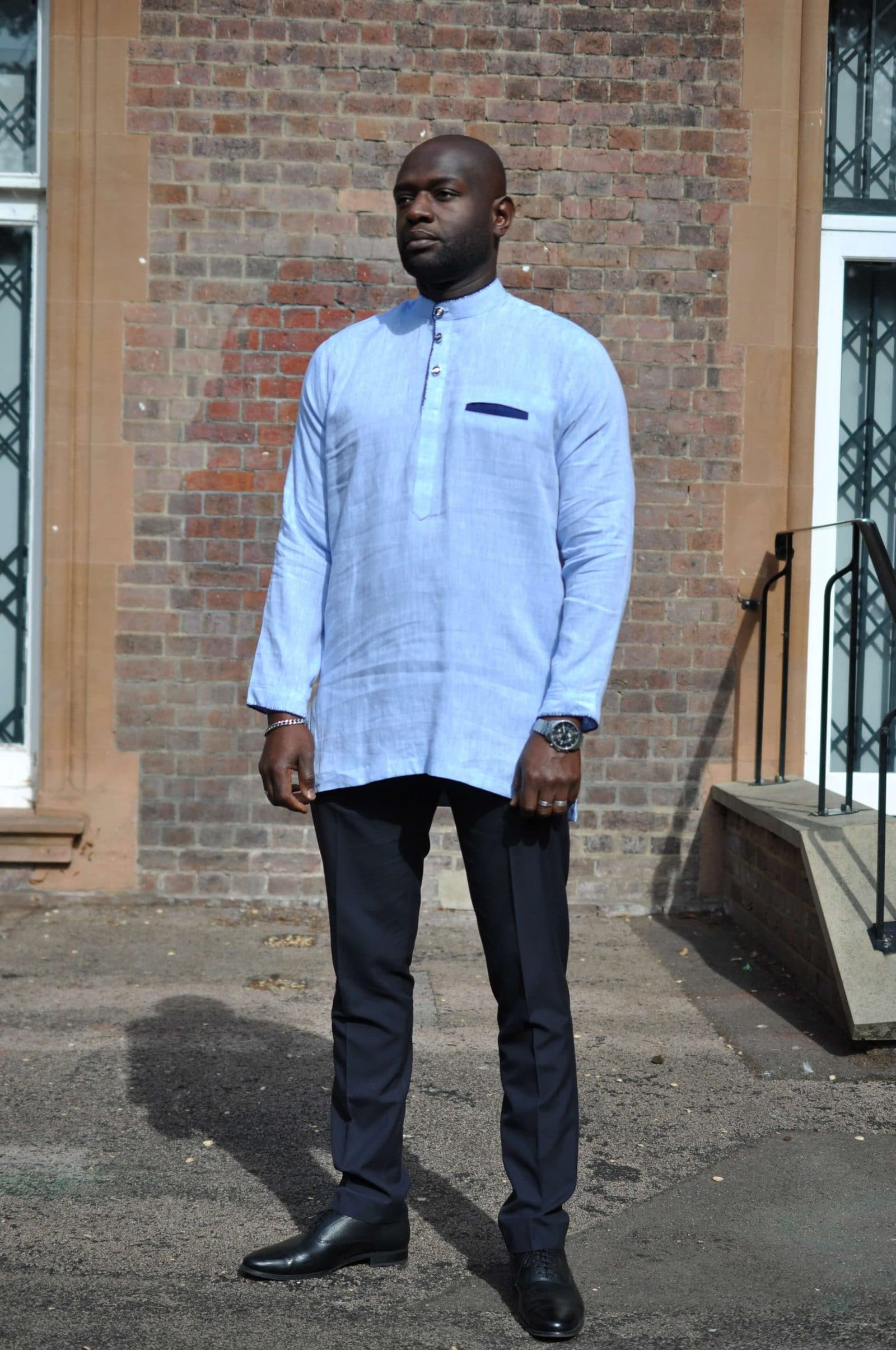 Dele Light Blue Long Sleeve Linen Polo Shirt - Image 3